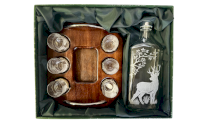 JAGERGLASS Set of vodka glasses on a wooden stand with a decanter