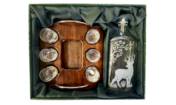 JAGERGLASS Set of vodka glasses on a wooden stand with a decanter