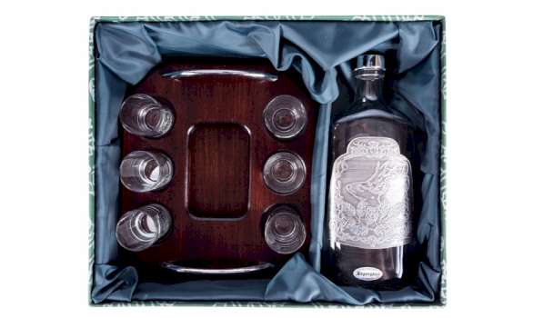 JAGERGLASS Set of vodka glasses on a wooden stand with a decanter